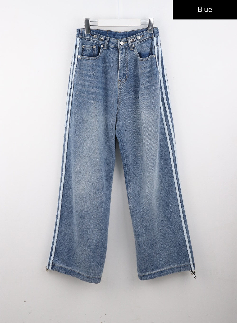 Side Stripes Wide Leg Jeans CS314 in blue, flat hanger product shot, full front view showing dual white side stripes, multi-button high waist, washed denim, and hem zipper pulls.