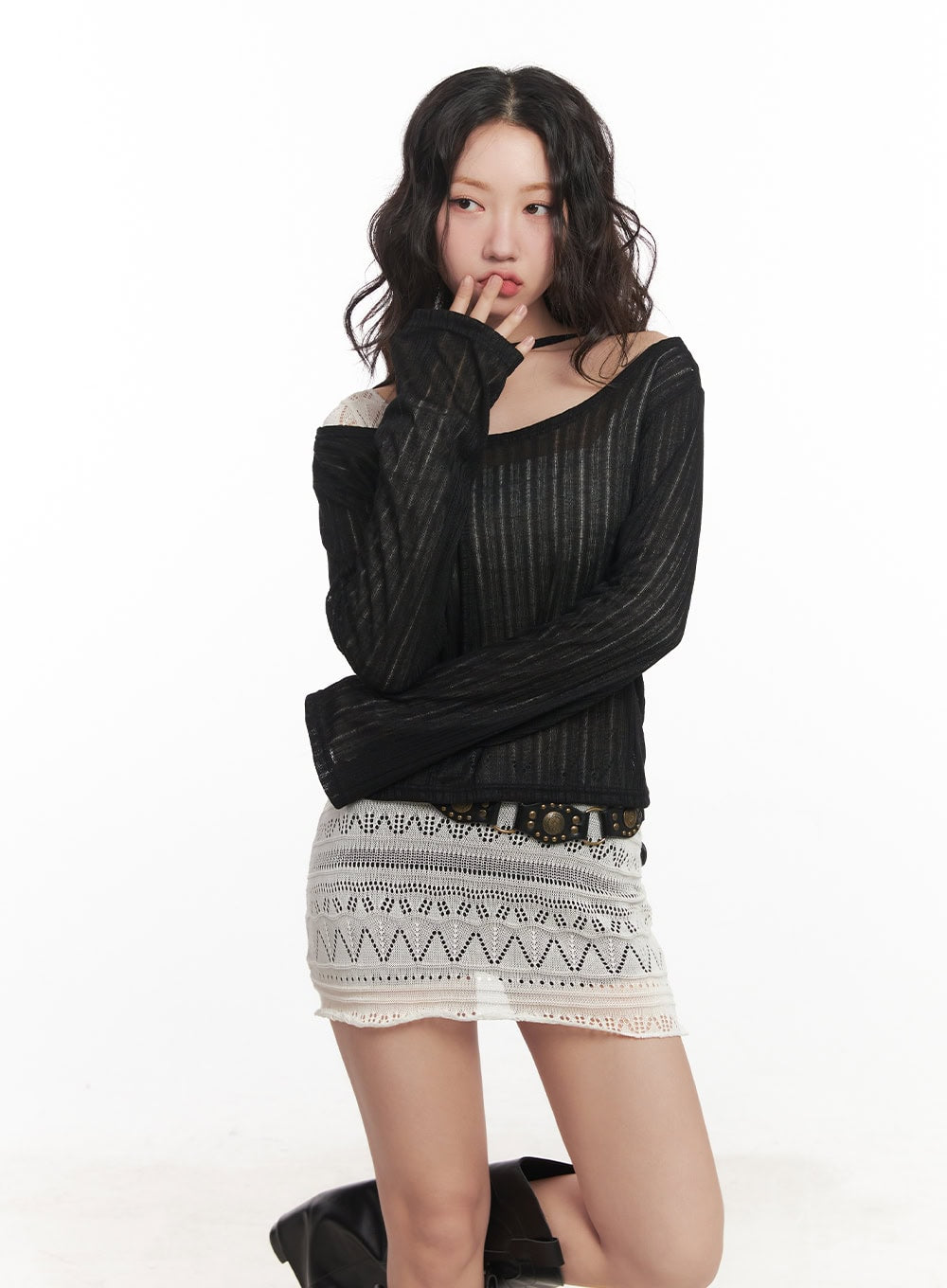 String Mesh Off-Shoulder Sweater CA521 - Korean Women's Fashion | LEWKIN
