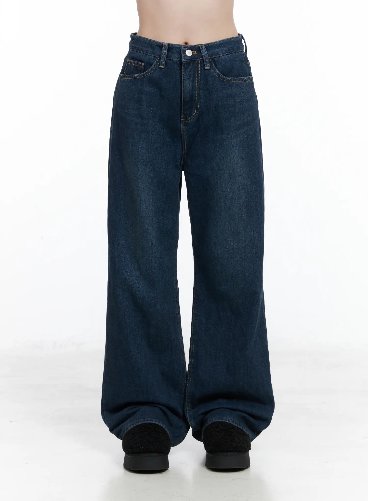 Jordan Velvet Fleece Wide Jeans CN518 in blue, straight-on front product view on model, washed cotton wide-leg denim with button closure, contrast stitching on front pockets and waistband.