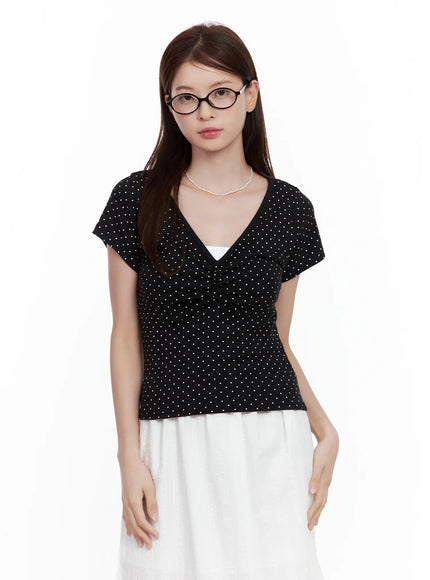polka-dot-shirred-v-neck-top