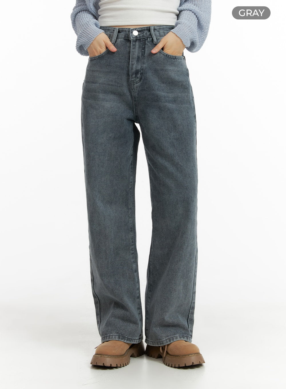 Blue Washed Straight Jeans OM408 in gray, front color-swatch shot on model, straight-fit washed denim with five-pocket design, hands in pockets, full leg length visible.
