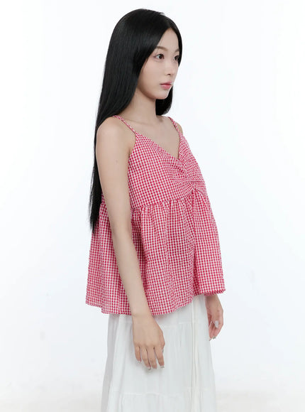 gingham-shirred-strap-blouse-cl530