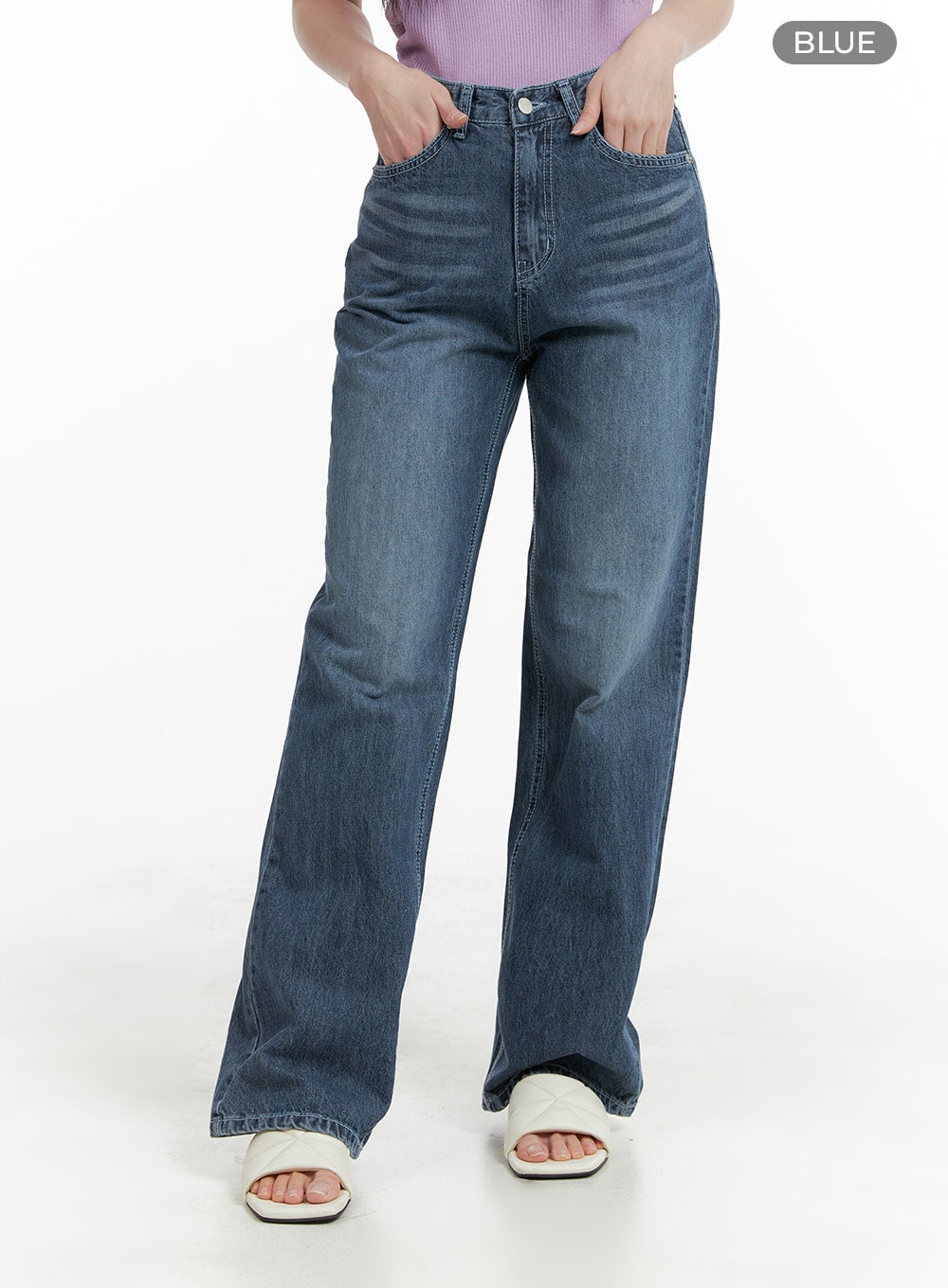 Recycled Light Washed Straight Jeans OM425 in blue, front cropped shot from waist to hem on model, high-rise straight fit with light-washed denim texture and classic five-pocket design.