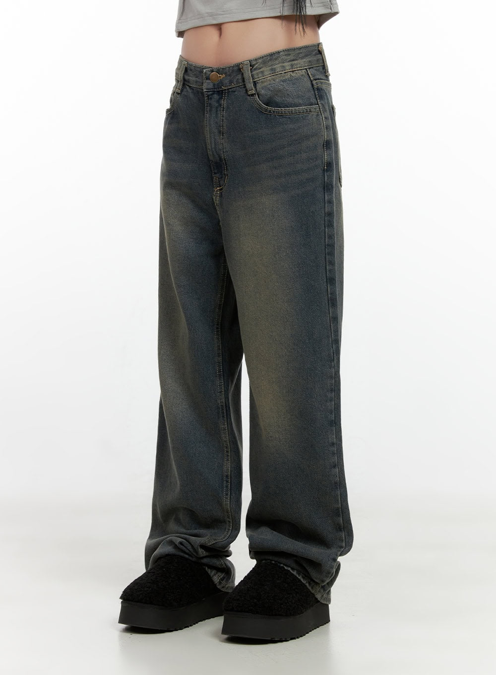 Alina Washed Wide-Leg Jeans CN407 in blue, front three-quarter close-up from waist to hem, five-pocket styling, washed yellow-toned gradient denim, wide straight leg.