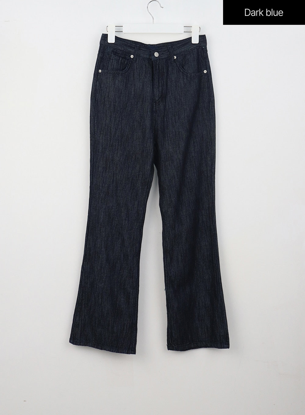 Dark Wash Mid-Rise Jeans OU314 in dark blue, flat front hanger shot, full-length bootcut silhouette showing mid-rise waist, front pockets, silver rivets, and dark indigo denim.