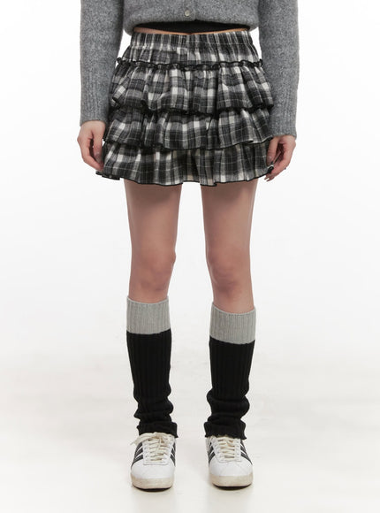 layered-ruffle-checkered-mini-skirt-cj517