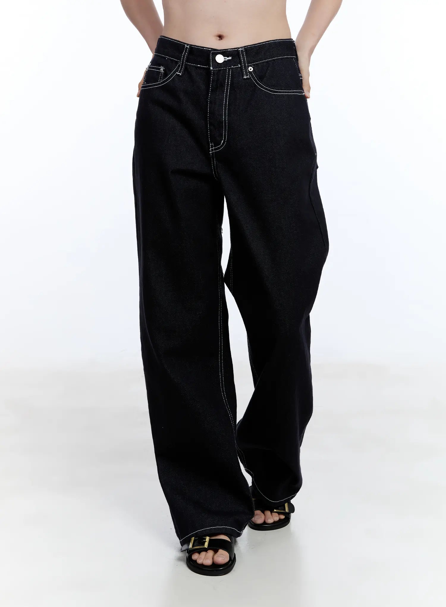 Nayeon No-Fade Denim Jeans CU513 in dark blue, front angled product shot from waist down, mid-rise with white contrast stitching on pockets and seams, wide-leg cotton denim.