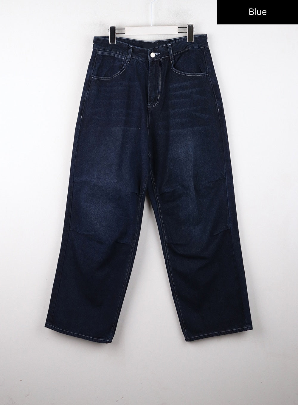 Unisex High Waist Solid Pocket Straight Leg Jeans CD328 in Blue, flat front product shot on hanger, showing full wide-leg silhouette, high waist, button fly, front pockets, and indigo washed denim panels.