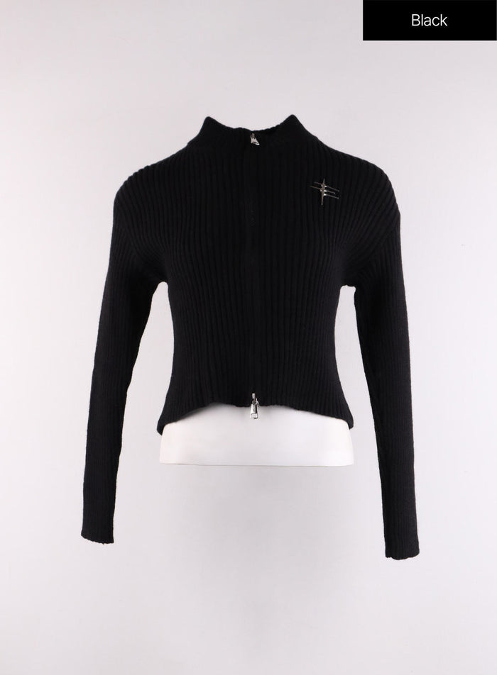 turtle-neck-knit-zip-up-sweater-cf405 / Black