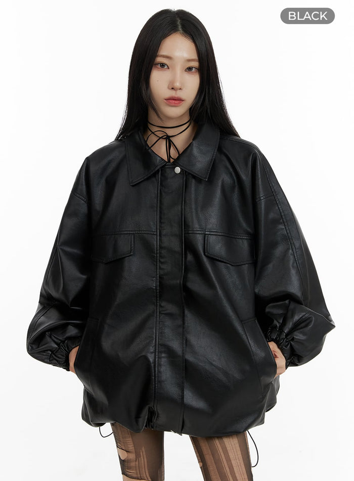 oversized-faux-leather-jacket-cf428 / Black