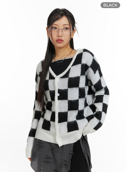 oversized-checkered-cardigan-cf427 / Black