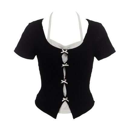 ribbon-layered-short-sleeve-cardigan-cu520 / Black