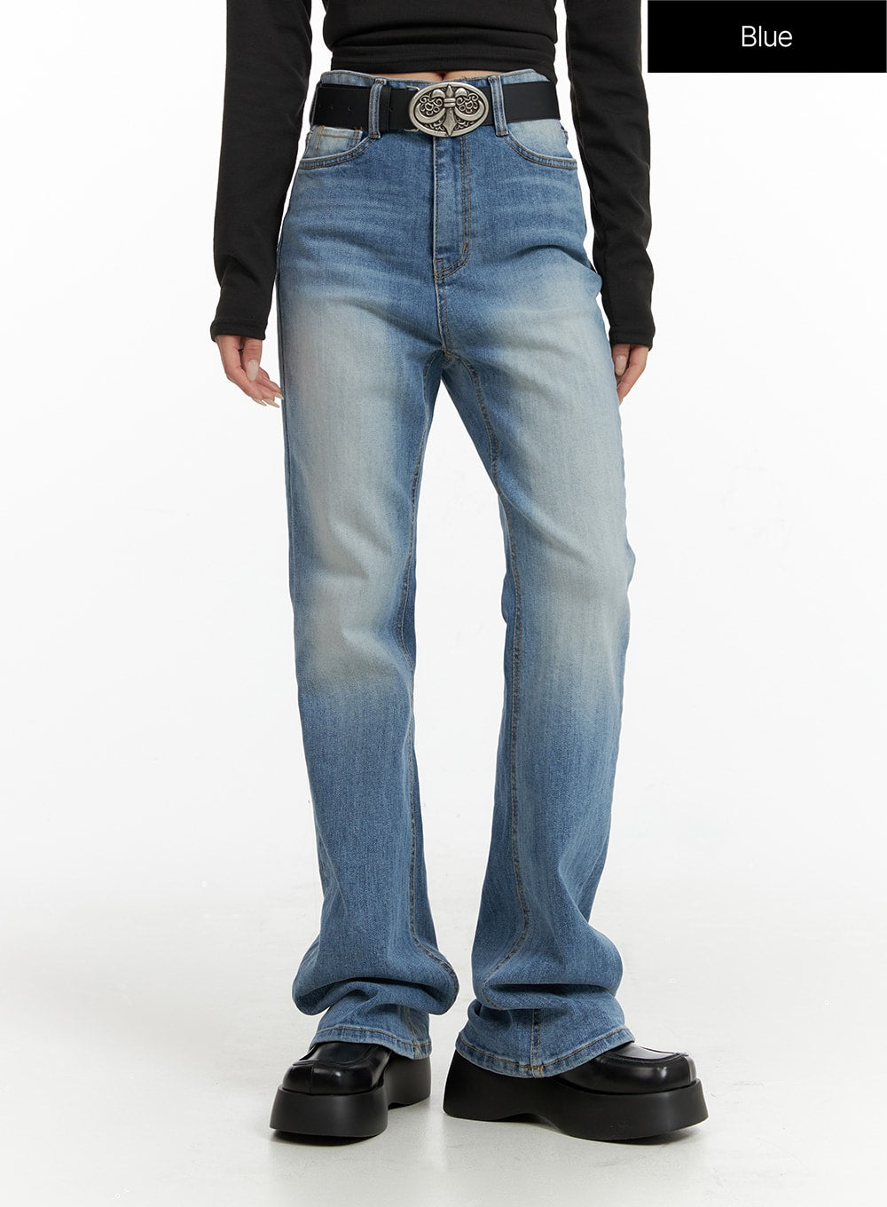 Washed Slim Fit Bootcut Jeans CF415 in Blue, size L