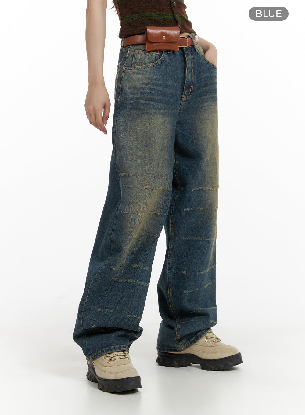Scratch Textured Baggy Jeans CM405 in Blue, size L