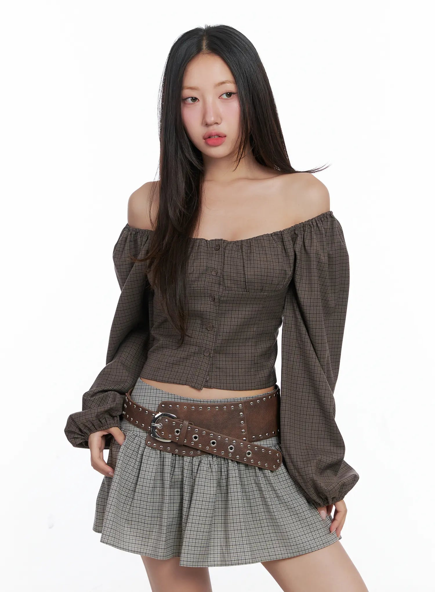 gingham-button-up-puff-sleeve-blouse-cs503 / Dark brown