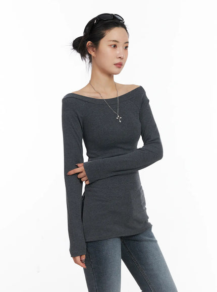 off-shoulder-slit-long-sleeve-top-cd509 / Dark gray