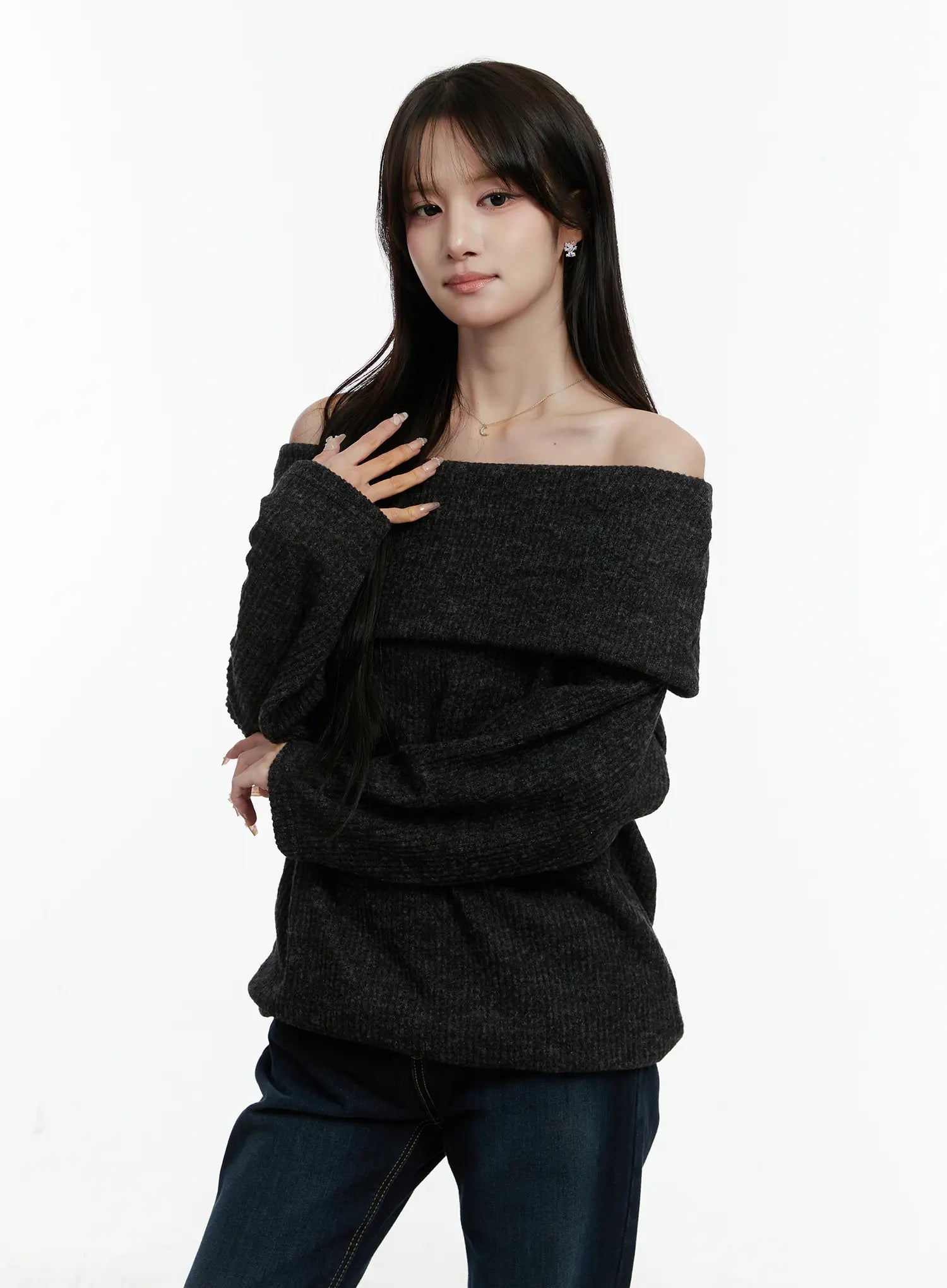 fleece-ribbed-off-shoulder-knit-top-cd523 / Dark gray
