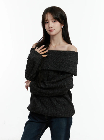 fleece-ribbed-off-shoulder-knit-top-cd523 / Dark gray
