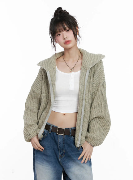 cable-knit-zip-up-sweater-cg518 / Dark green