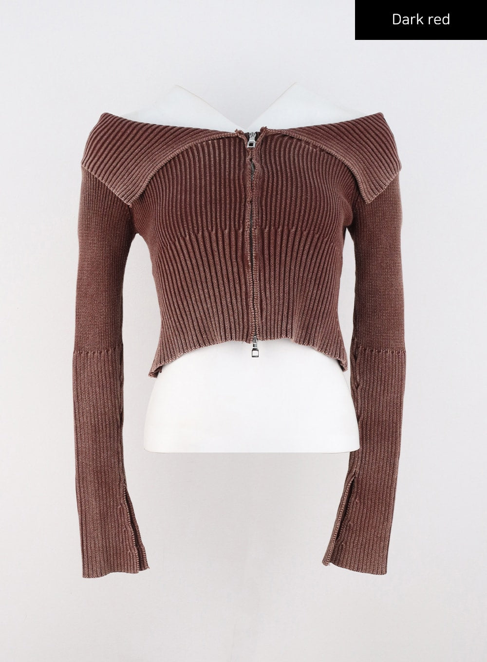 Ribbed Off-shoulder Zip-Up Sweater CS326