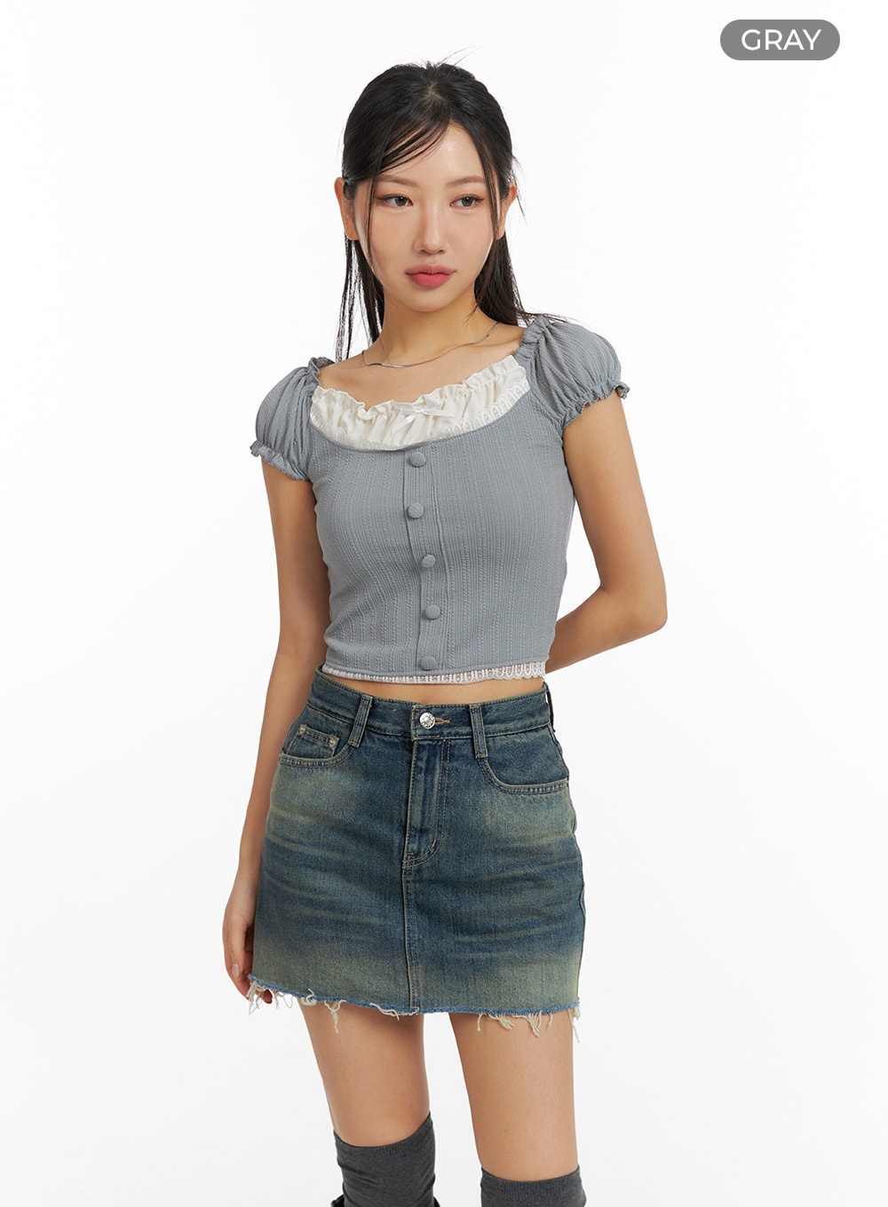 short-puff-sleeve-lace-crop-top-cf427 / Gray