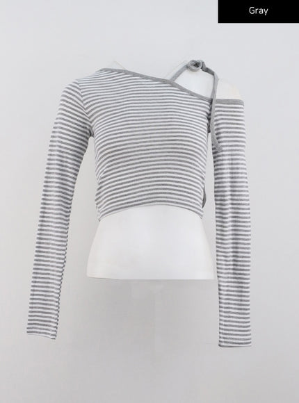 asymmetrical-stripe-crop-top-cn328 / Gray