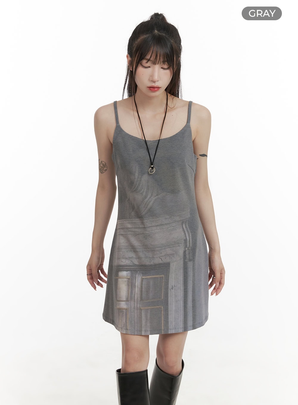 graphic-print-cami-dress-cy407 / Gray