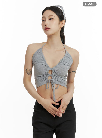 halter-neck-shirred-crop-tank-top-cf429 / Gray