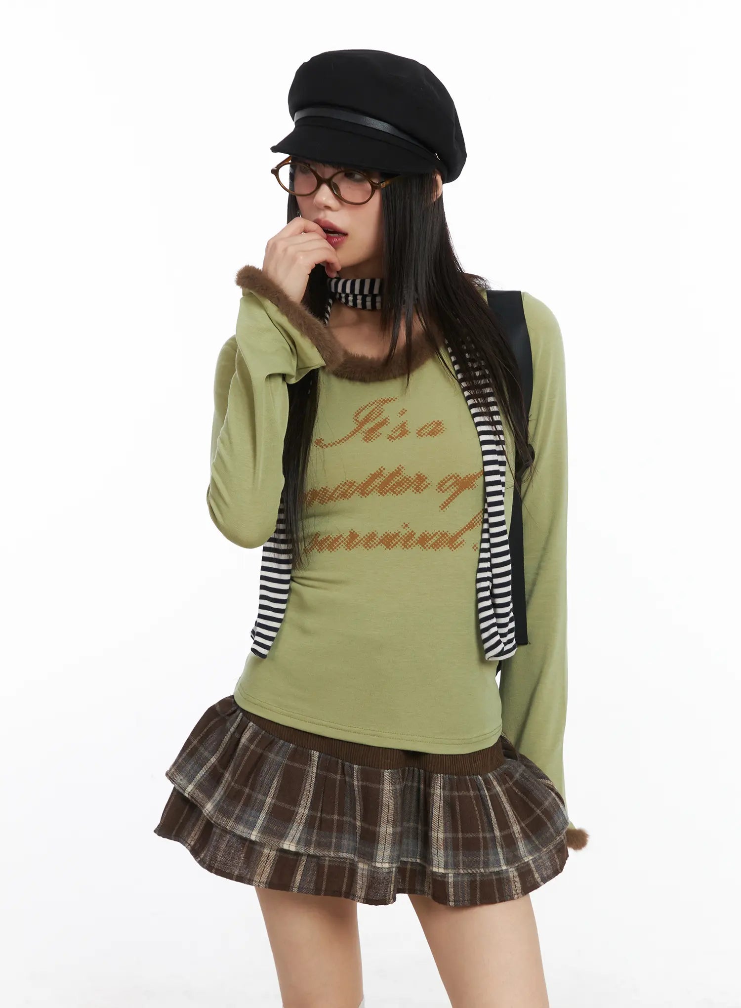 faux-fur-trim-fleece-long-sleeve-top-cd518 / Green