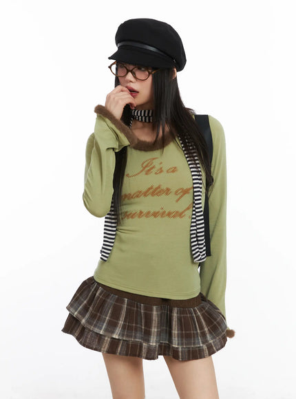 faux-fur-trim-fleece-long-sleeve-top-cd518 / Green