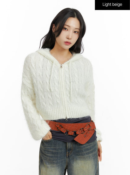 cable-knit-zippered-hooded-cardigan-cf416 / Light beige