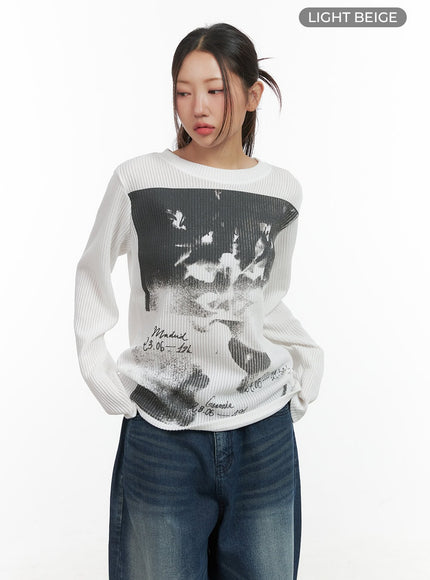 vintage-print-long-sleeve-shirt-co417 / Light beige