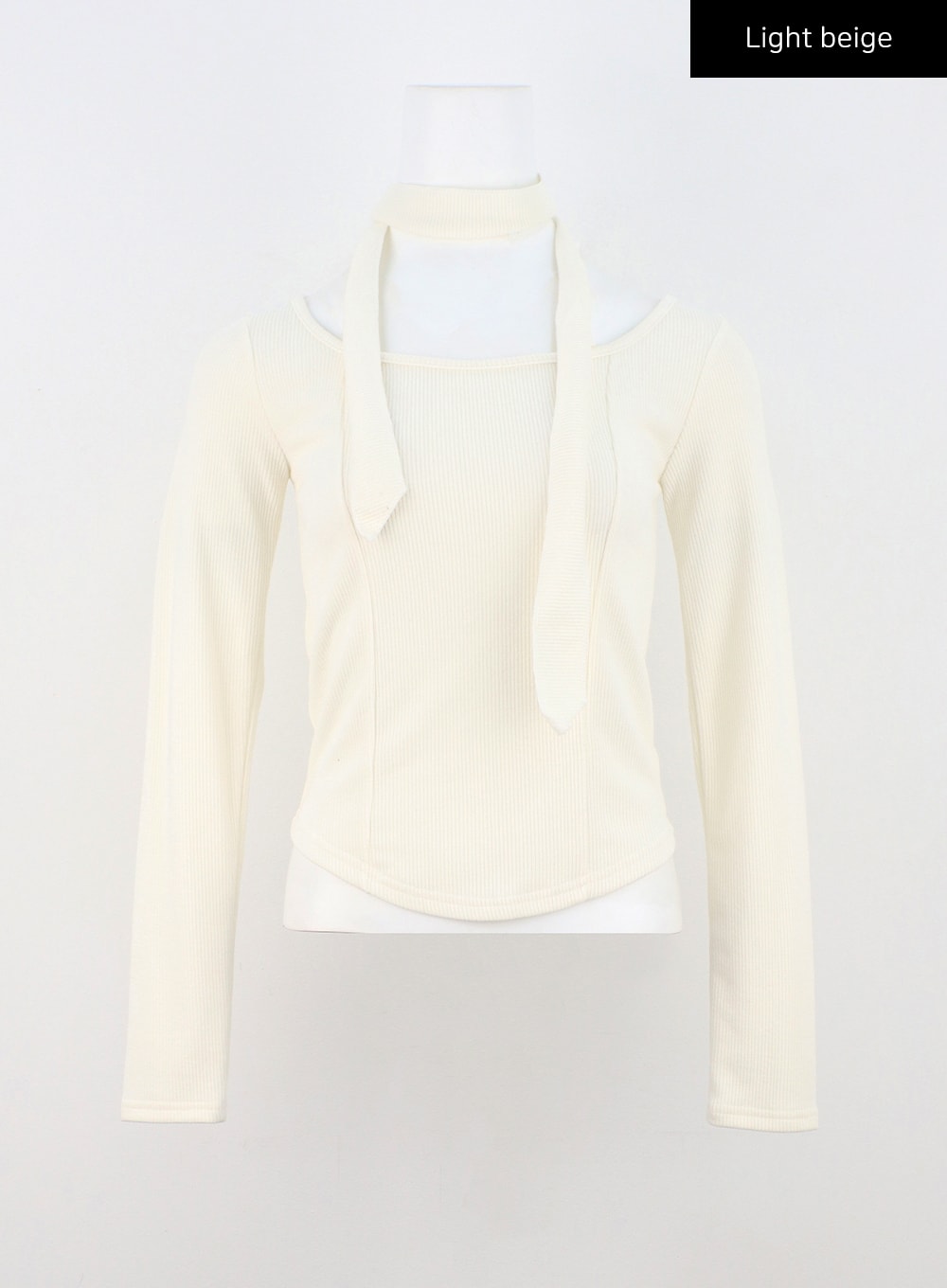 slim-fit-u-neck-long-sleeve-top-with-scarf-cn303 / Light beige