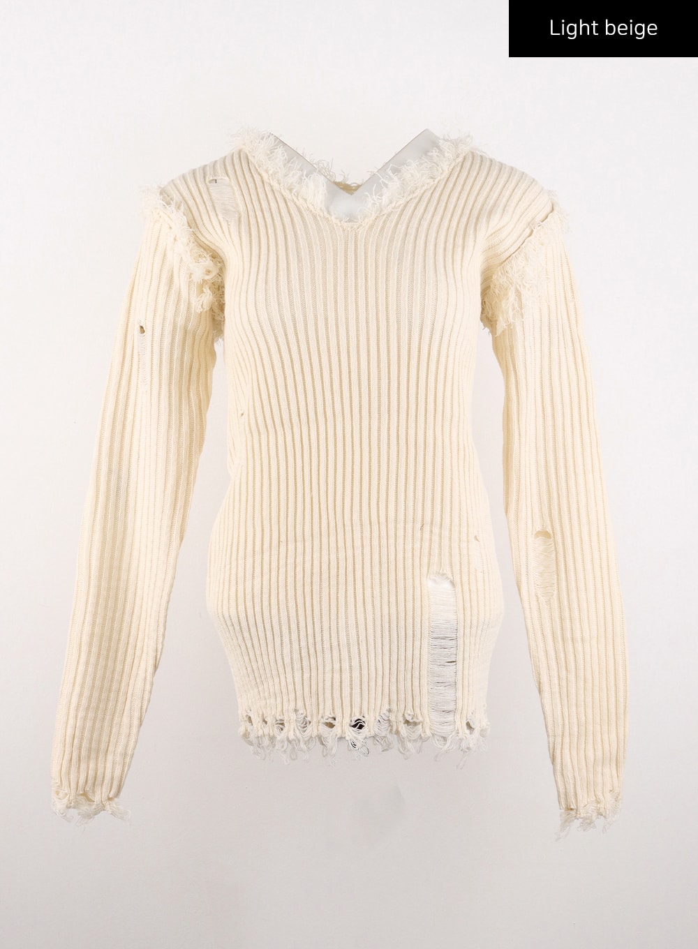 v-neck-destroyed-knit-sweater-cd307 / Light beige