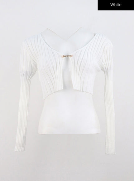 chain-front-ribbed-crop-cardigan-co318 / White