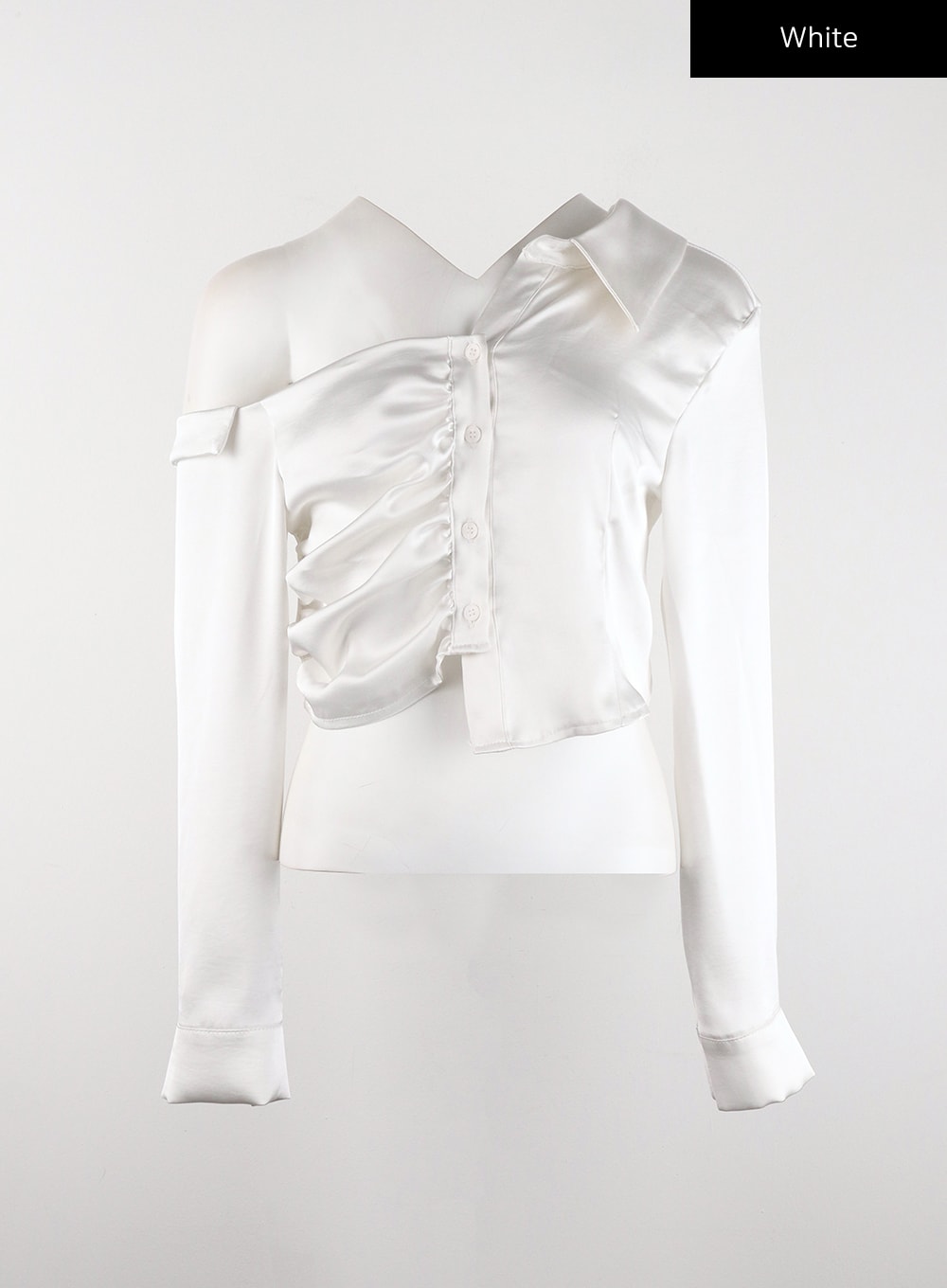 shirred-satin-asymmetrical-crop-shirt-cd318 / White