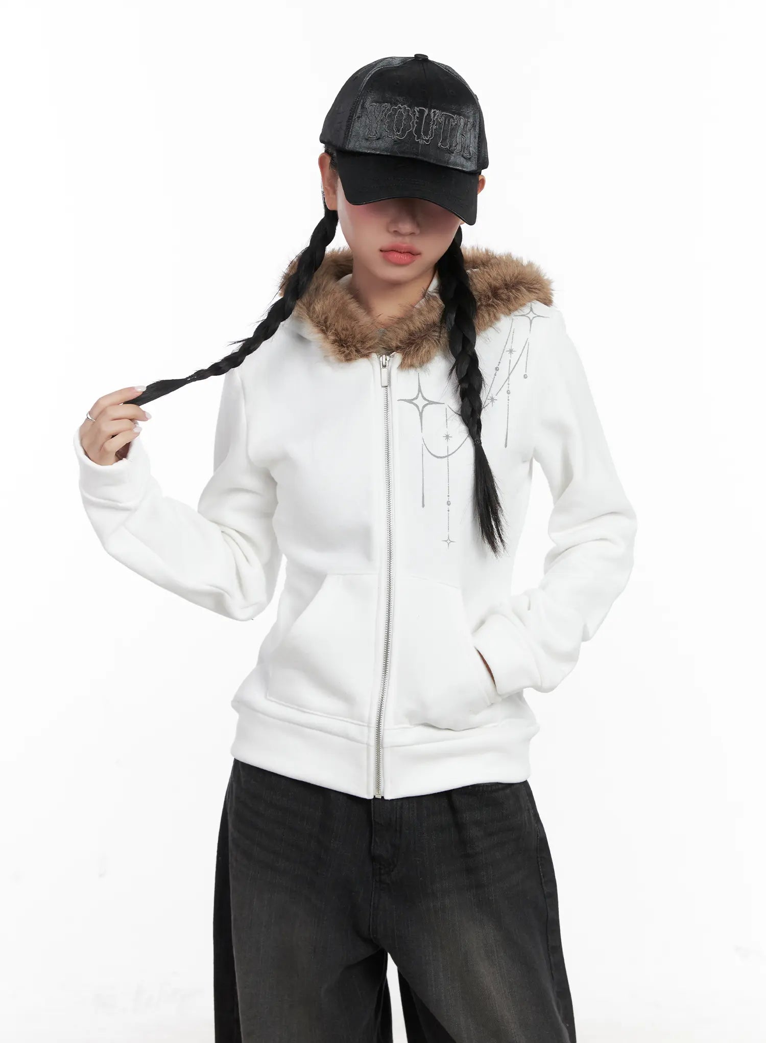 faux-fur-trim-cropped-hoodie-cn528 / White