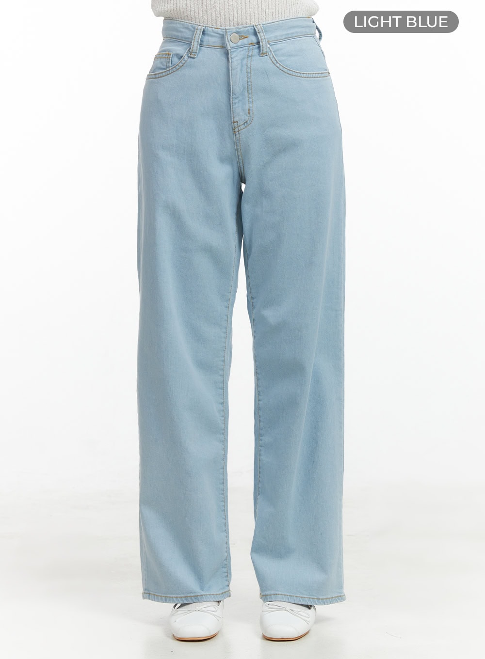 Washed Low Rise Loose Straight Jeans OL416 in light blue, front color-swatch shot on model, light blue washed cotton 5-pocket straight denim with visible stitching detail, styled with white ballet flats.
