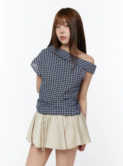 asymmetric-ruched-plaid-blouse-cy519