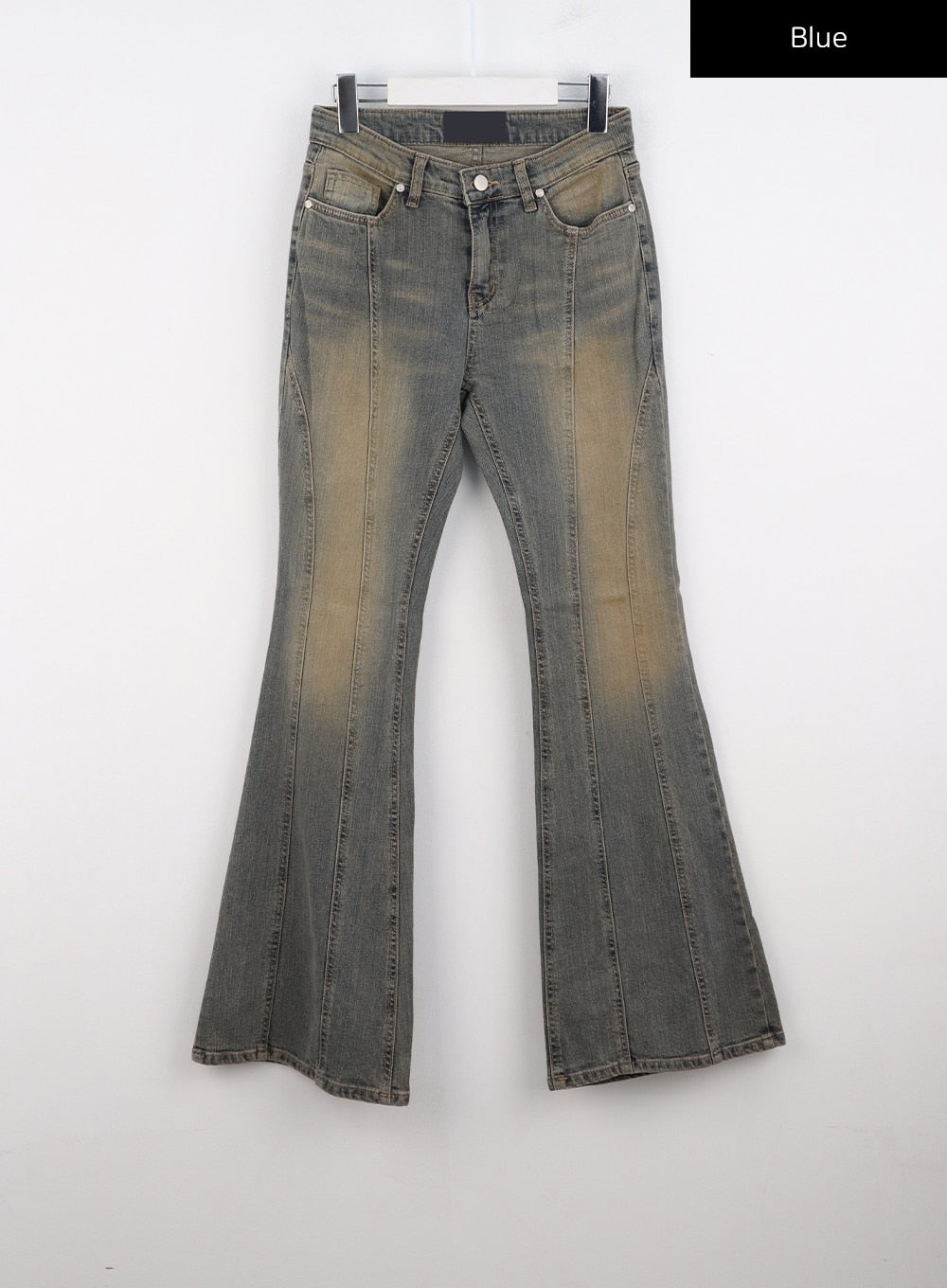 Stitched Bootcut Jeans CO313 in Blue, flat front hanger shot, full-length view of washed stitch bootcut denim showing amber-blue gradient panels and low-waist silhouette.