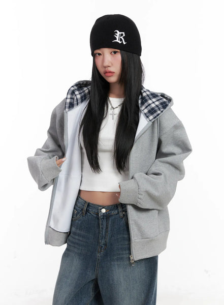 Checkered detail Zip-Up Hoodie CN528 - Casual style | LEWKIN