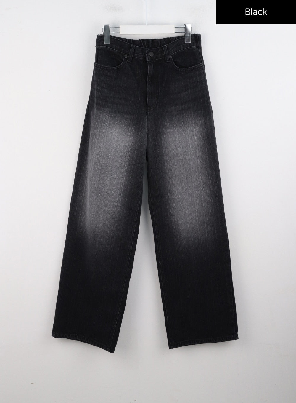 Washed Wide-Leg Jeans CG327 in black, flat product-only shot on hanger, front view showing high-rise waistband, five-pocket styling, washed fade denim, and wide-leg cut in full length.