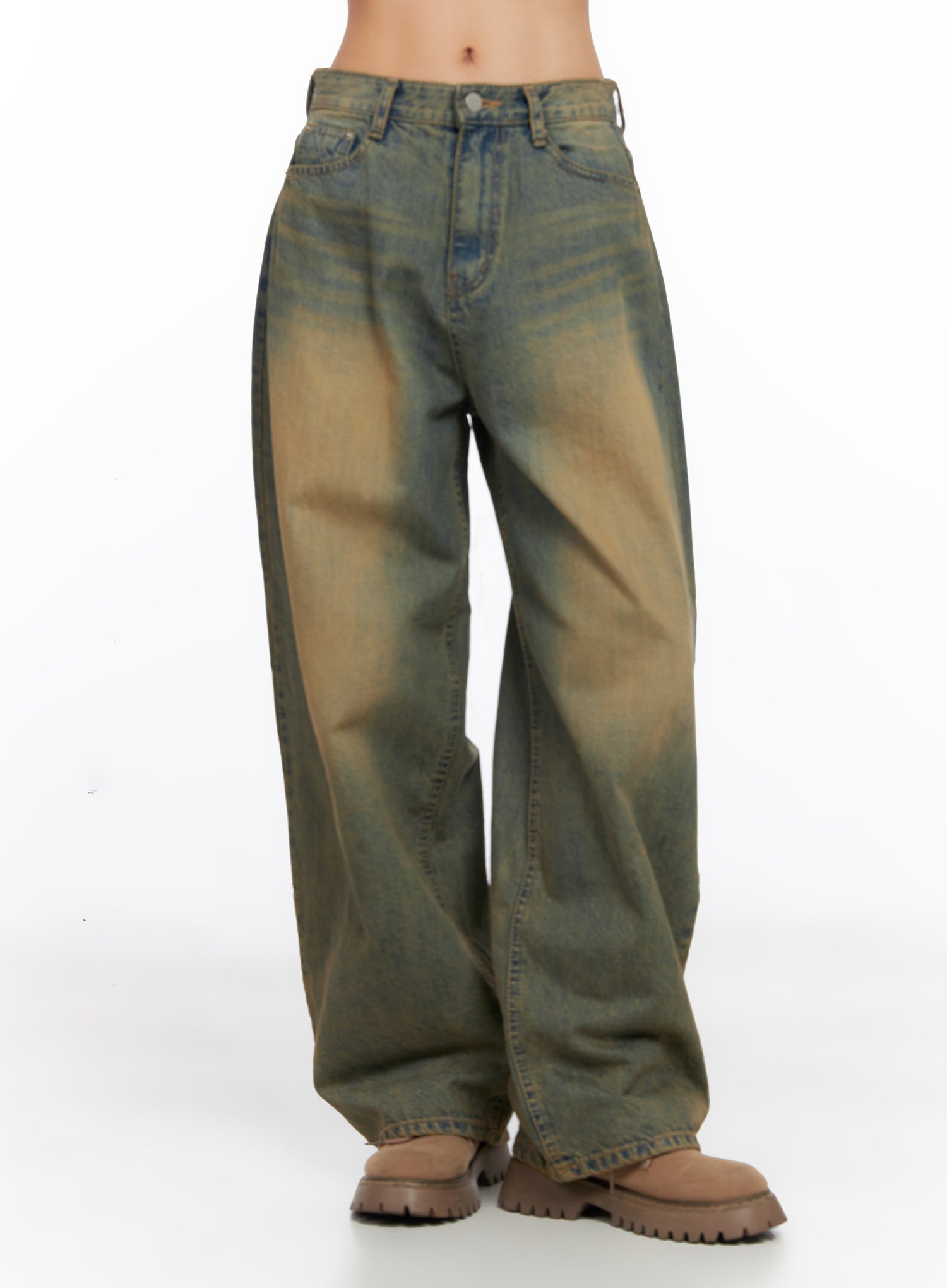 Miley Washed Balloon Baggy Jeans CO515 in vintage green-blue wash, front mid-body product-focused view on model, wide balloon leg shape, long length, amber sun-faded cotton denim, paired with chunky boots.