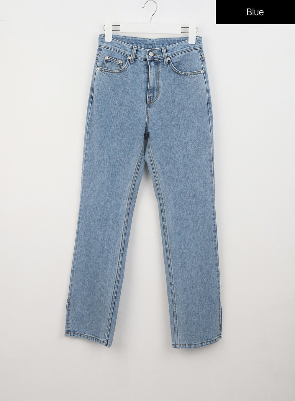 Slit Detail Jeans OU314 in blue, flat front hanger shot, high-waist straight-fit light blue denim with five-pocket design and side slit at hem.