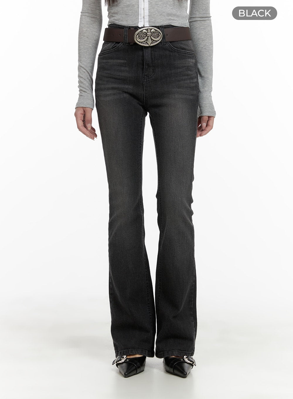Slim Washed Denim Bootcut Jeans CA403 in black, front product-focus shot on model, slim silhouette with washed fading and bootcut flare, belted waist styling.