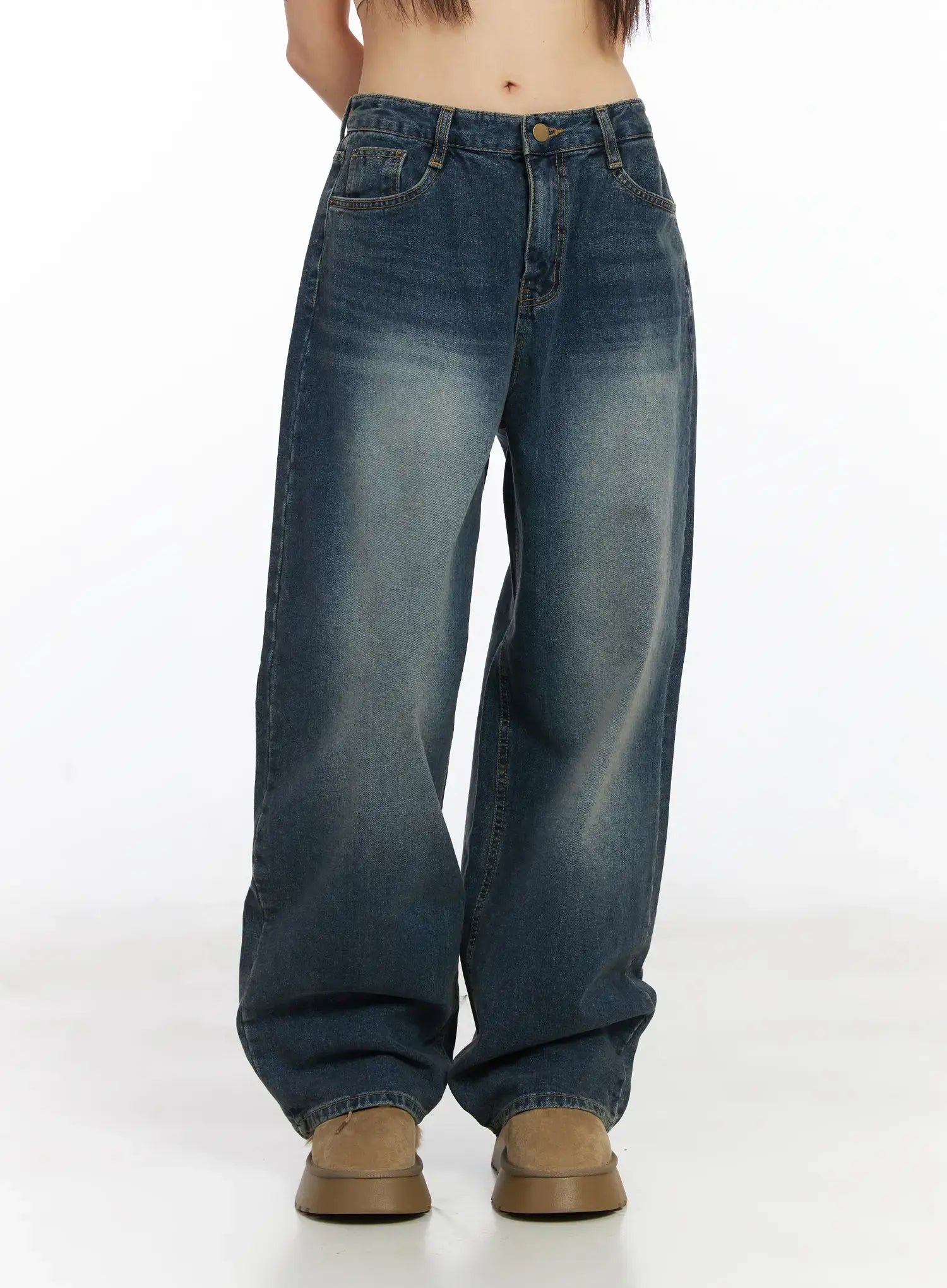 Eliza Fleece-Lined Washed Wide Leg Jeans CD518 in blue, front full-length product-focused view on model, wide-leg washed cotton denim with long hem pooling over tan platform boots.