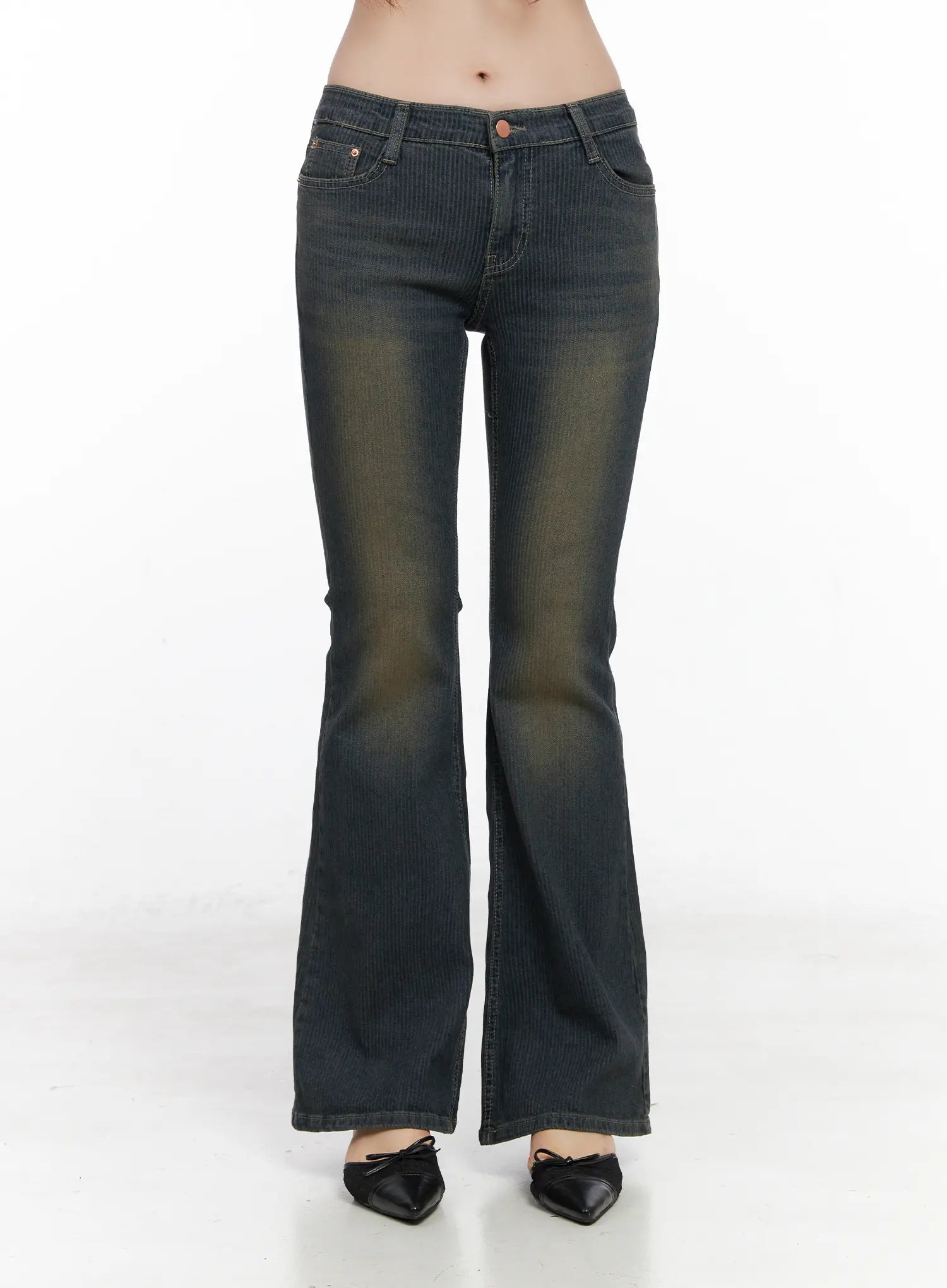 Soleil Hip Pad Stripe Hip Pad Flared Jeans CN512 in dark blue, front mid-length product shot on model, washed stripe bootcut showing full rise to flared hem, low waist fit, paired with black bow kitten-heel mules.
