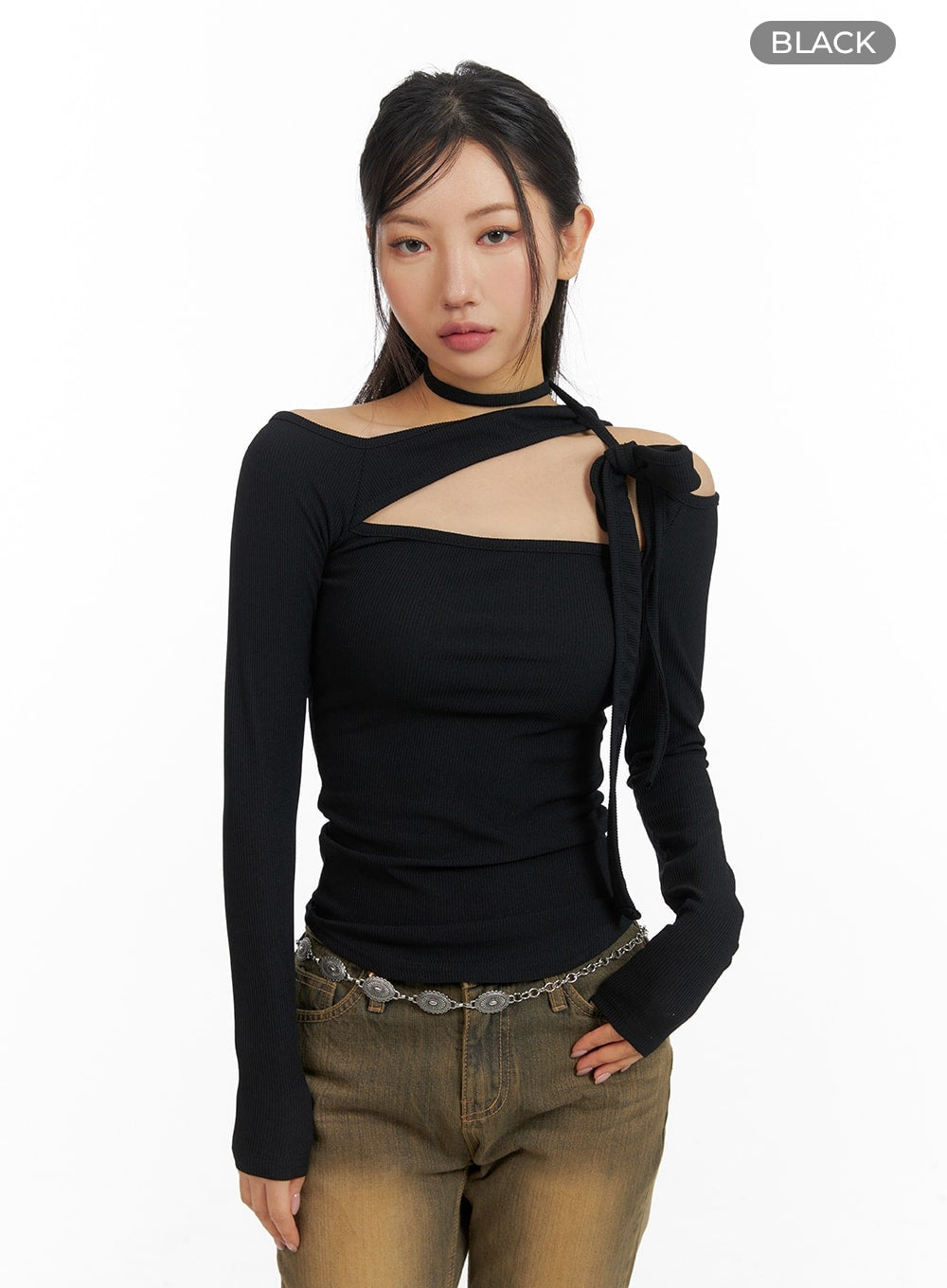 solid-asymmetrical-neck-cut-out-long-sleeve-top-cm411