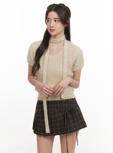 cozy-knit-short-sleeve-sweater-with-scarf-cj514 / Beige