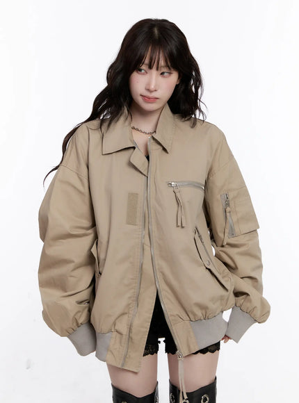 oversized-zip-up-bomber-jacket-cs530 / Beige